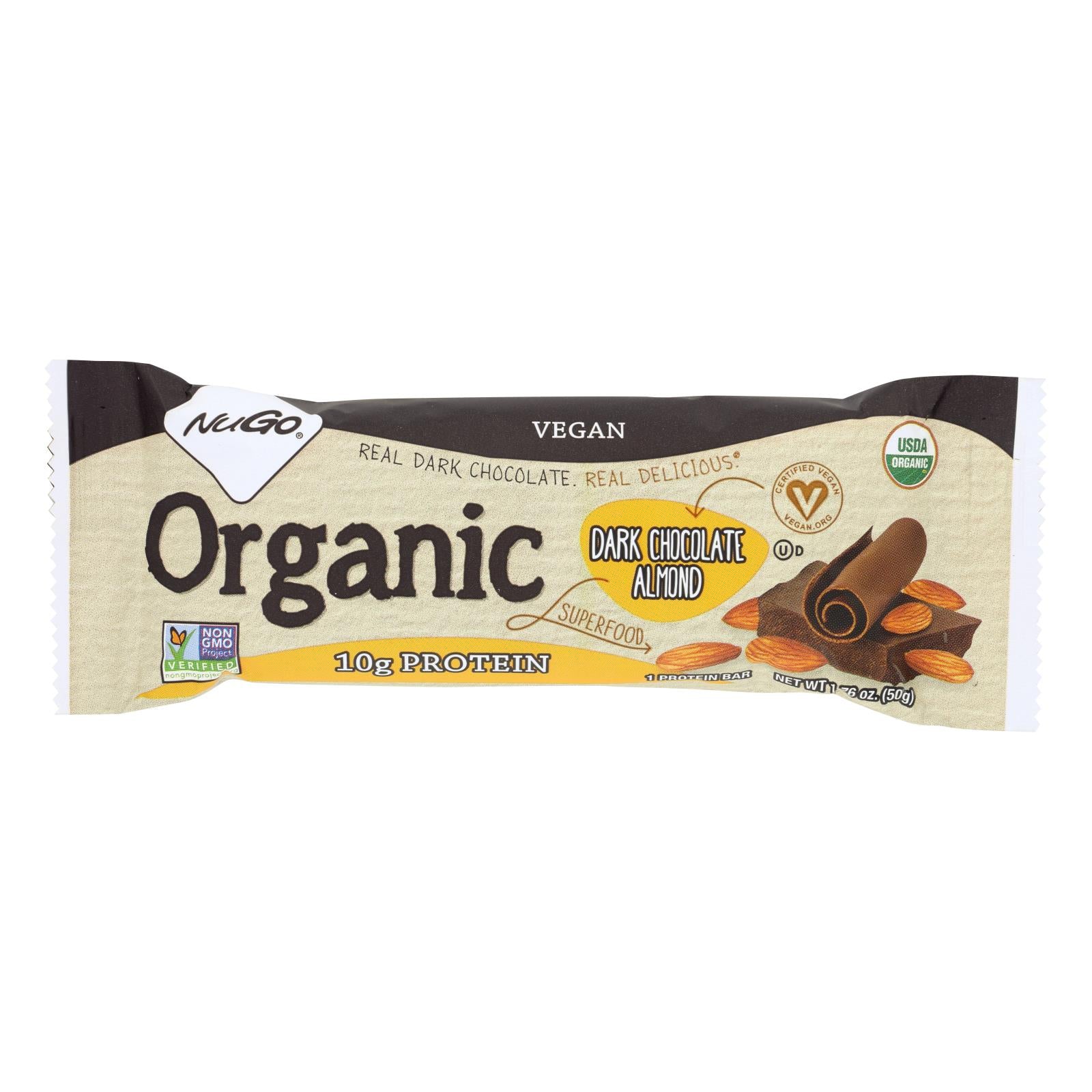 Nugo Nutrition Bar, Barre nutritionnelle NuGO - Chocolat noir biologique aux amandes - 1.76 oz - Caisse de 12 (Paquet de 12)