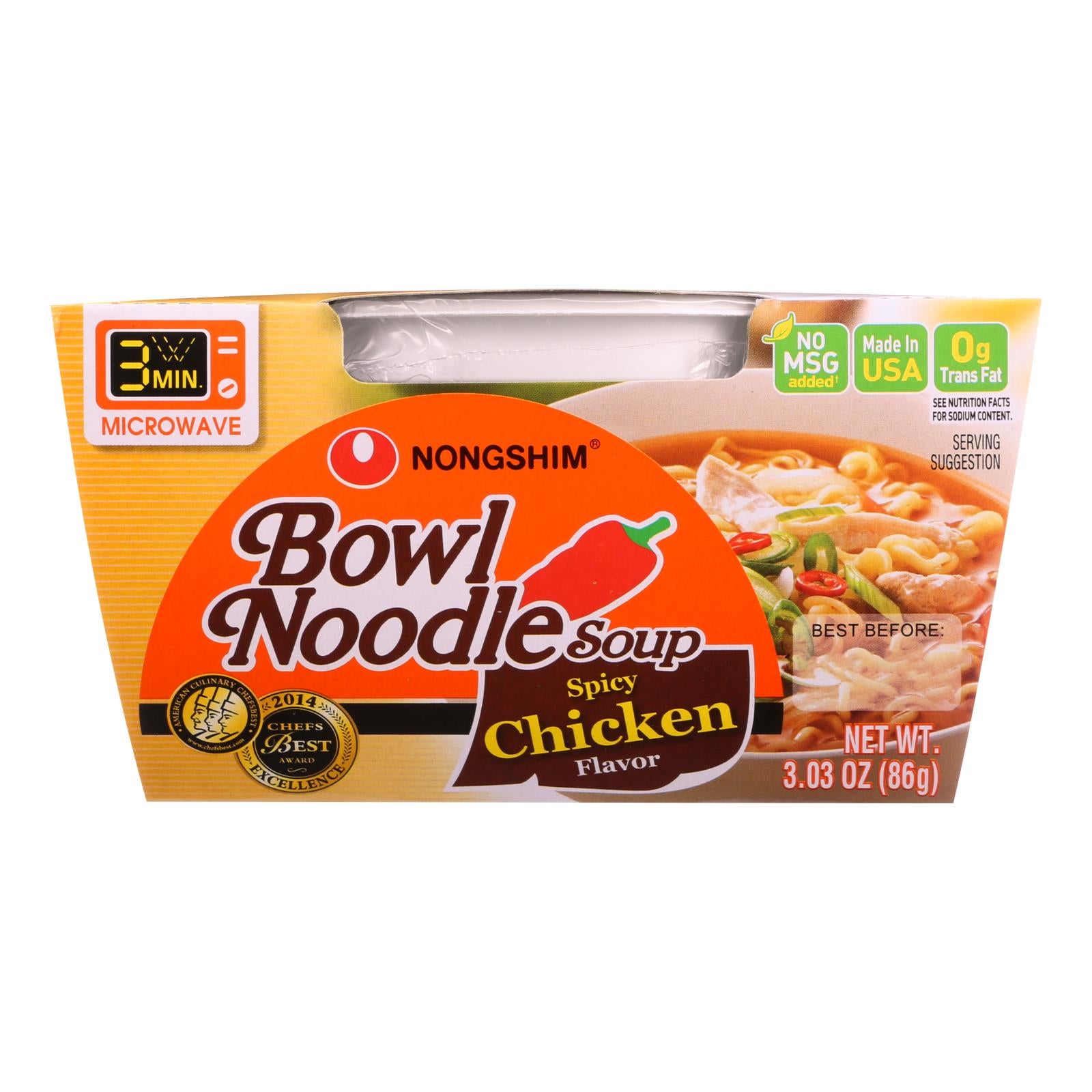 Nong Shim, Nong Shim Soup - Bowl Noodle - Spicy Chicken Flavor - 3.03 oz - case of 12 (Pack of 12)