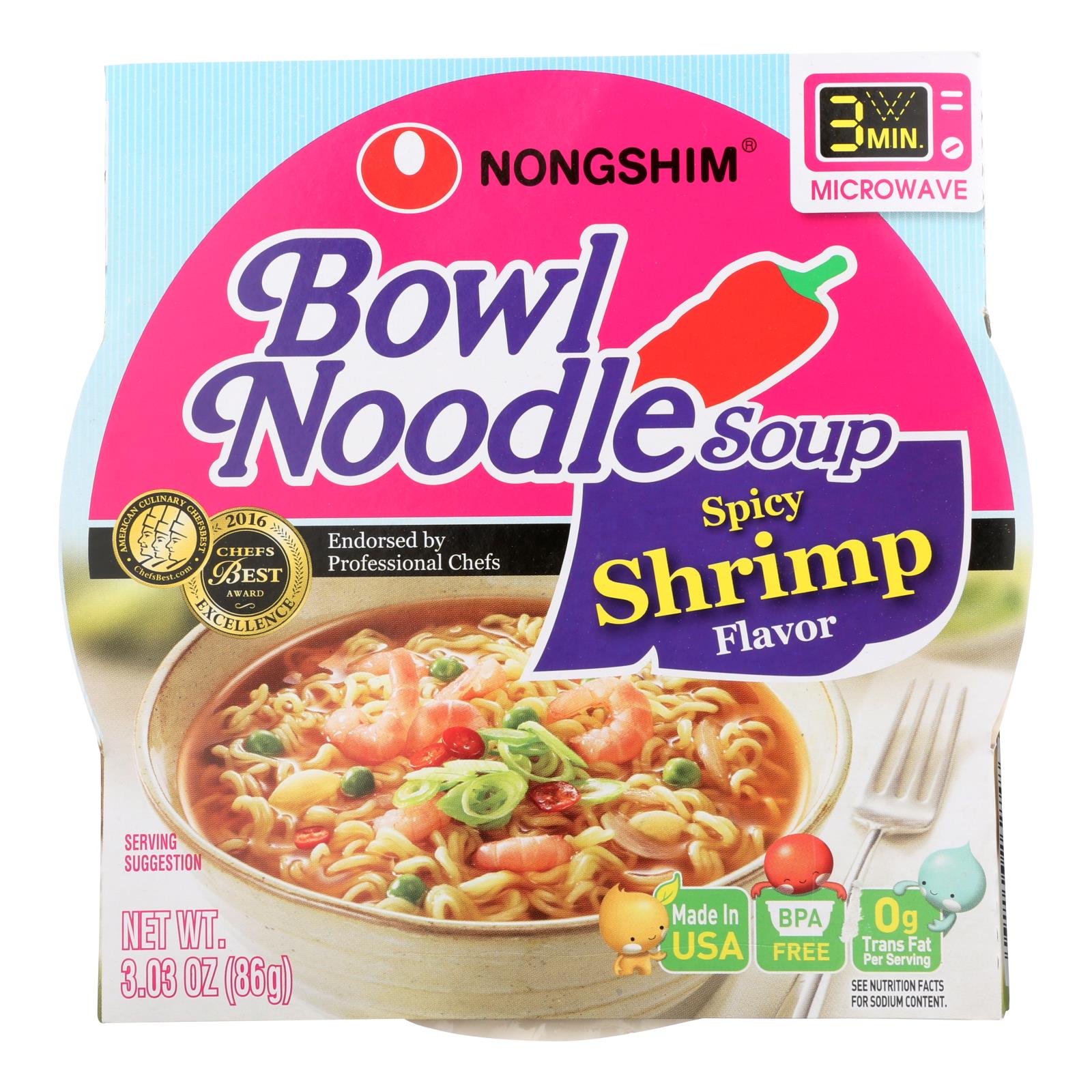 Nong Shim, Nong Shim Spicy Shrimp Bowl - Soupe de nouilles - Caisse de 12 - 3.03 oz. (Paquet de 12)