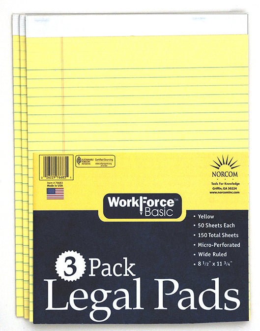 Norcom, Norcom 76683-12 8.5 X 11.75 Canary Legal Pad 50 Pages 3 Count