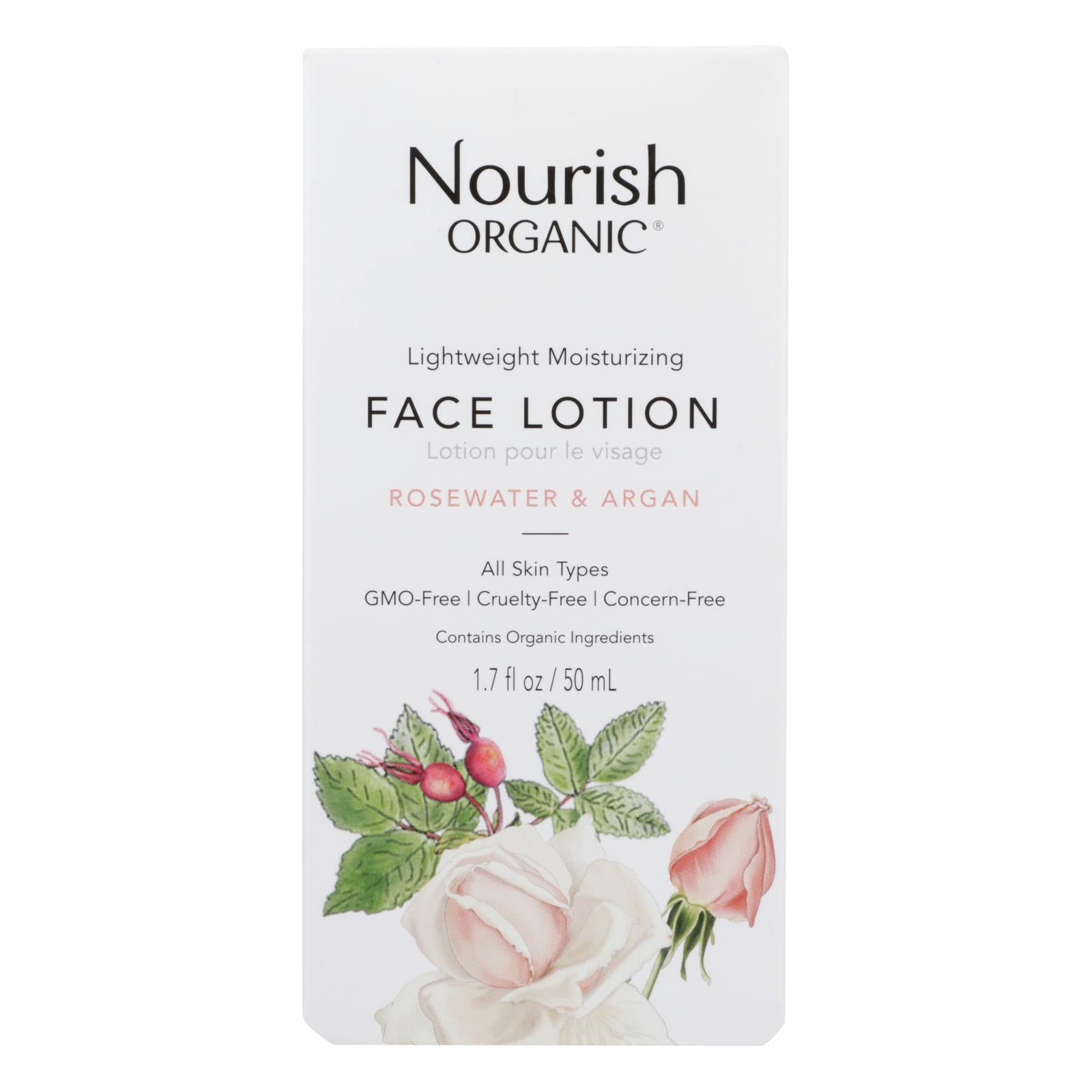 Nourrir, Nourish Facial Lotion - Organic - Lightweight Moisturizing - Argan and Rosewater - 1.7 oz - 1 each