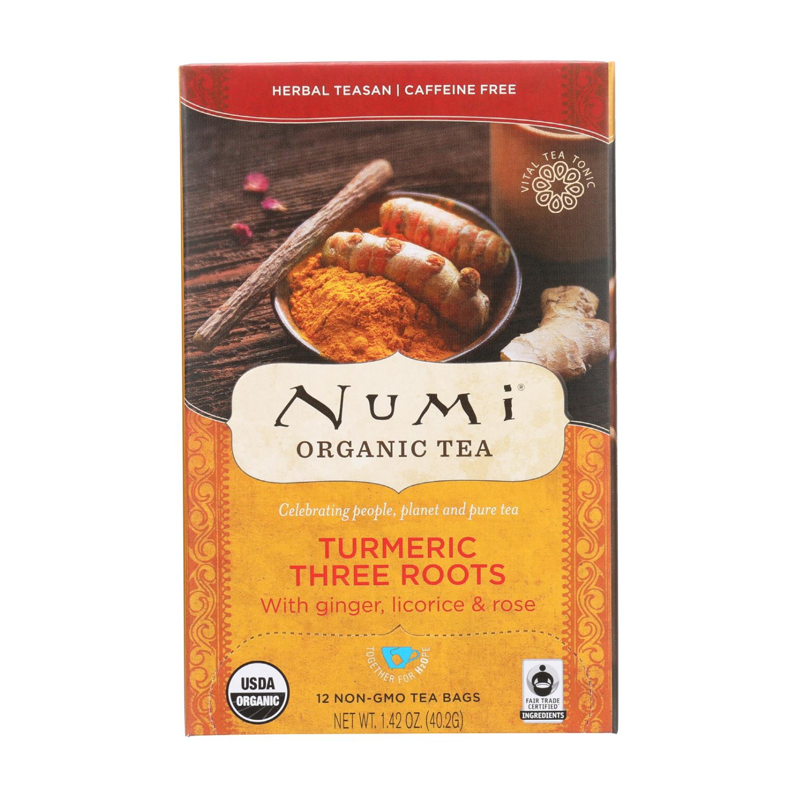 Thé Numi, Numi Tea - Organic - Turmeric - Three Roots - 12 Bags - Case of 6 (Pack of 6)