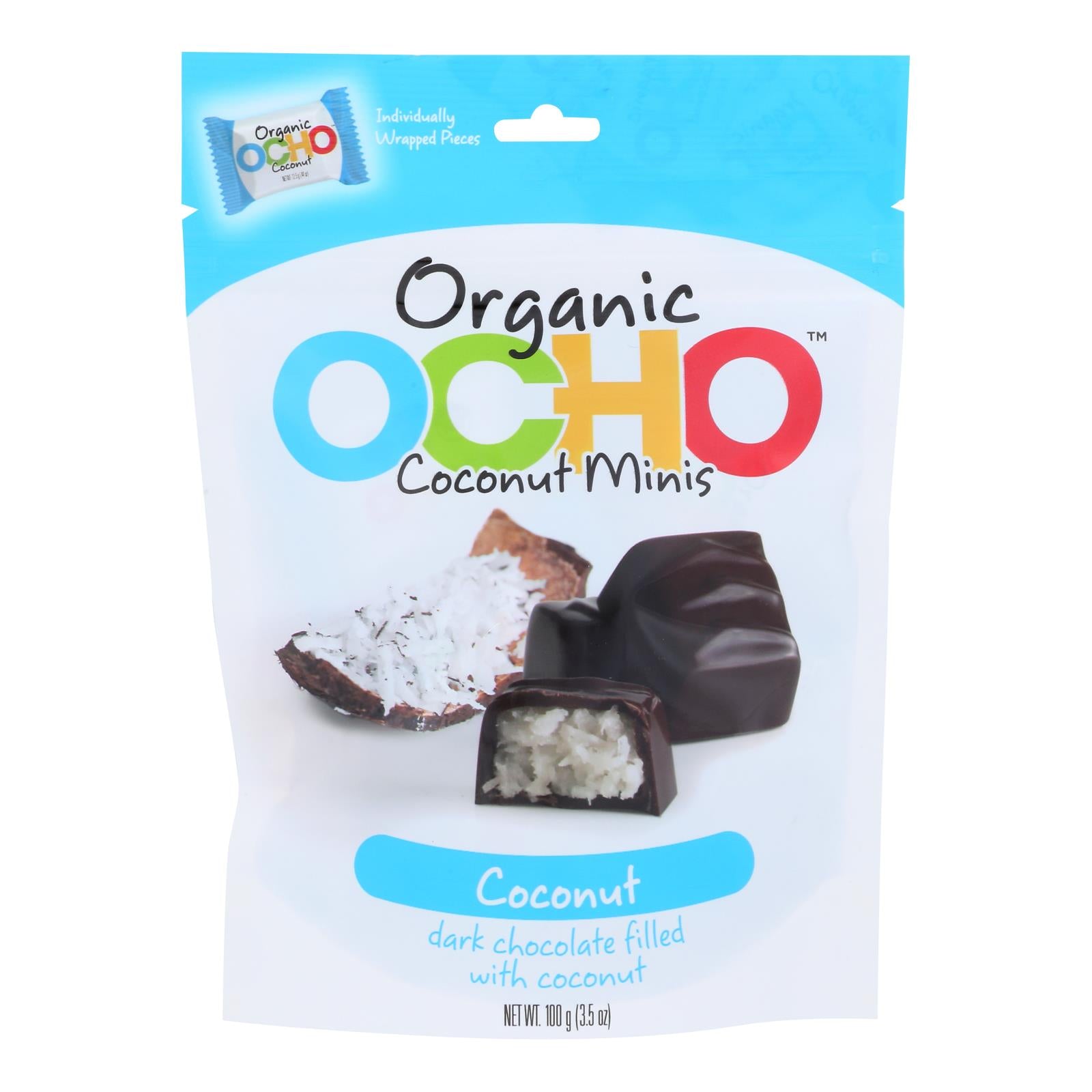 Ocho Candy, Ocho Candy - Mini-barres à la noix de coco biologique - En chocolat noir - Caisse de 12 - 3.5 oz (Paquet de 12)