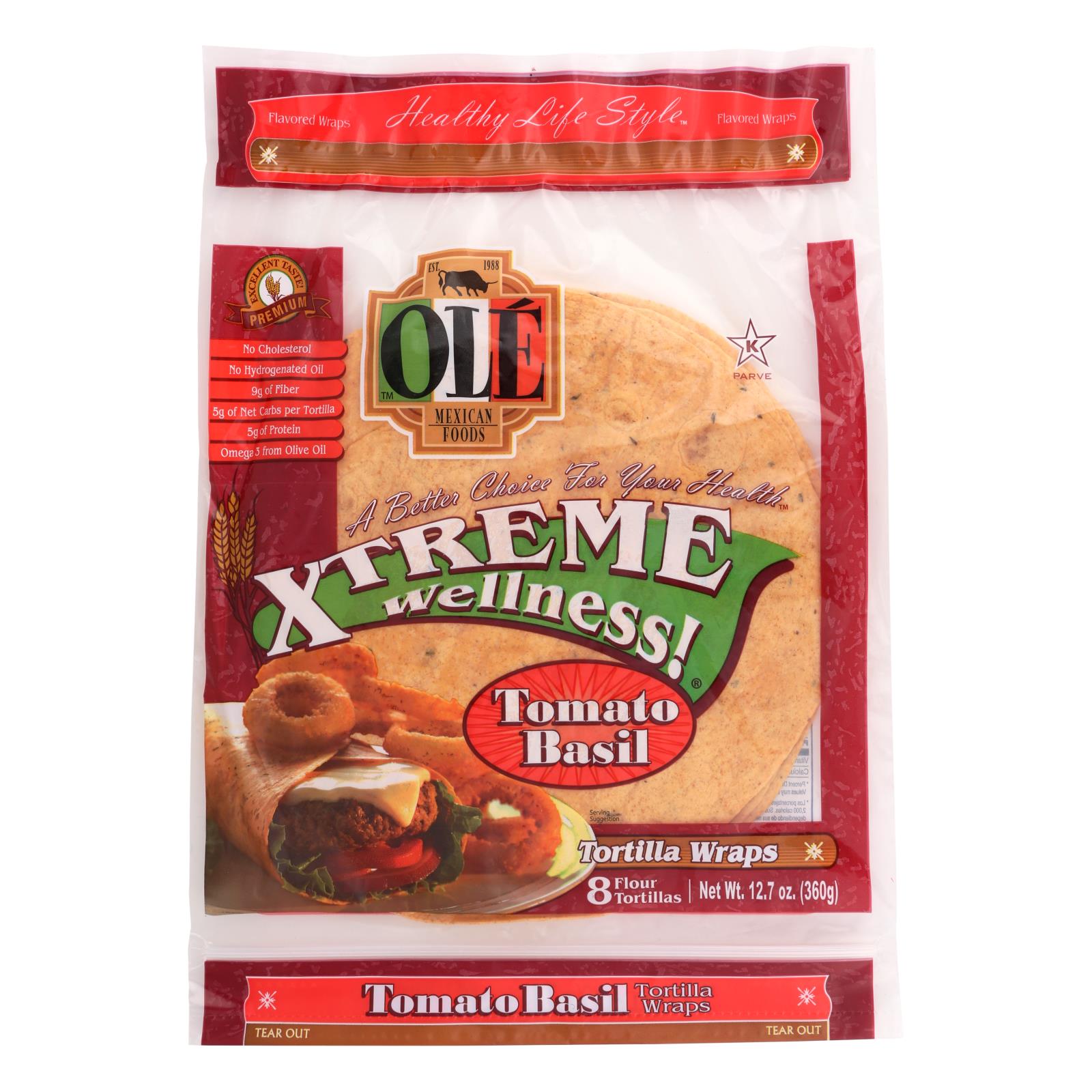 Ole', Ole Mexican Foods Tomate Basilic Xtreme Wellness ! Tortilla Wraps - Caisse de 6 - 12.7 OZ (Paquet de 6)