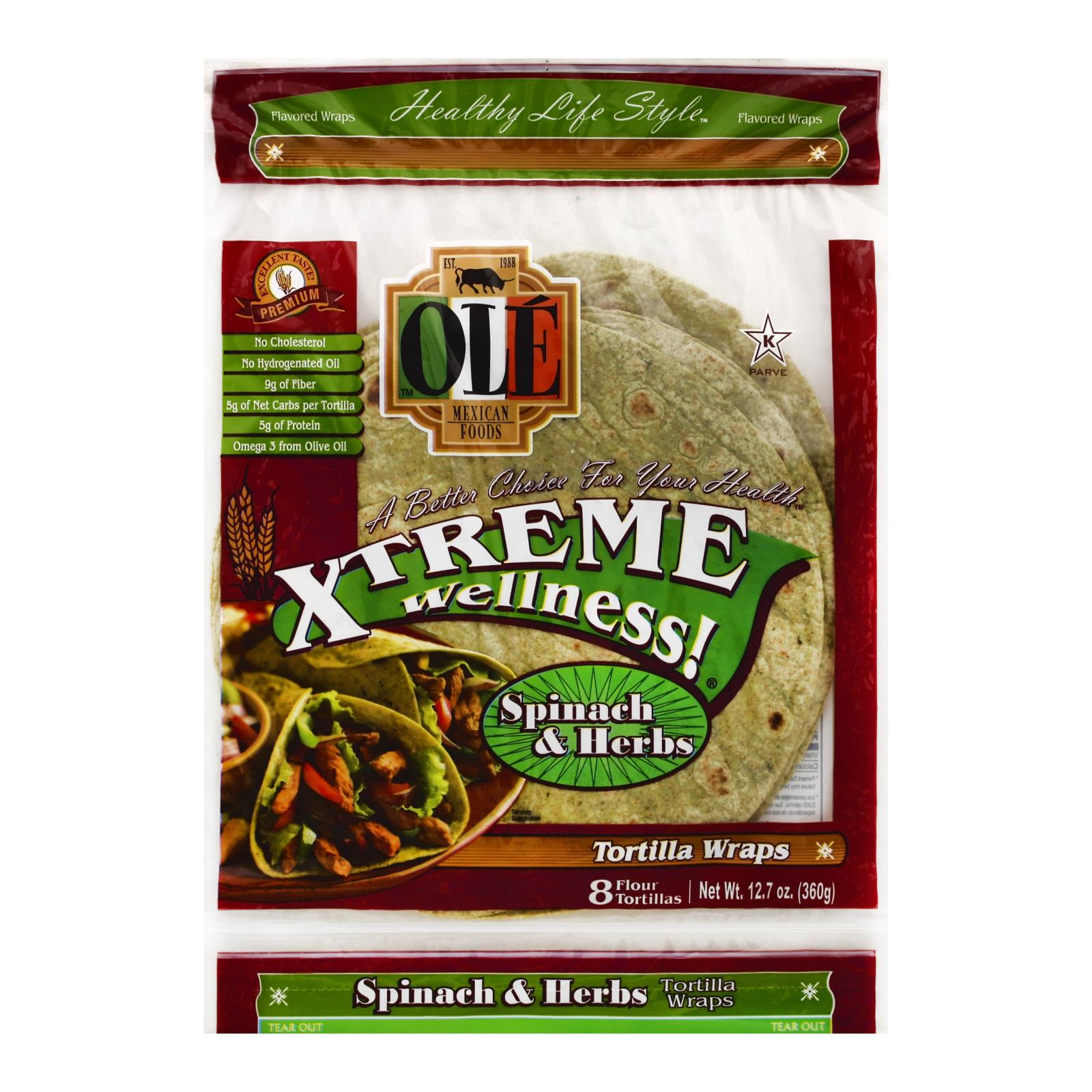 Ole', Ole Mexican Spinach & Herbs Tortilla Wraps, Épinards et fines herbes - Caisse de 6 - 12.7 OZ