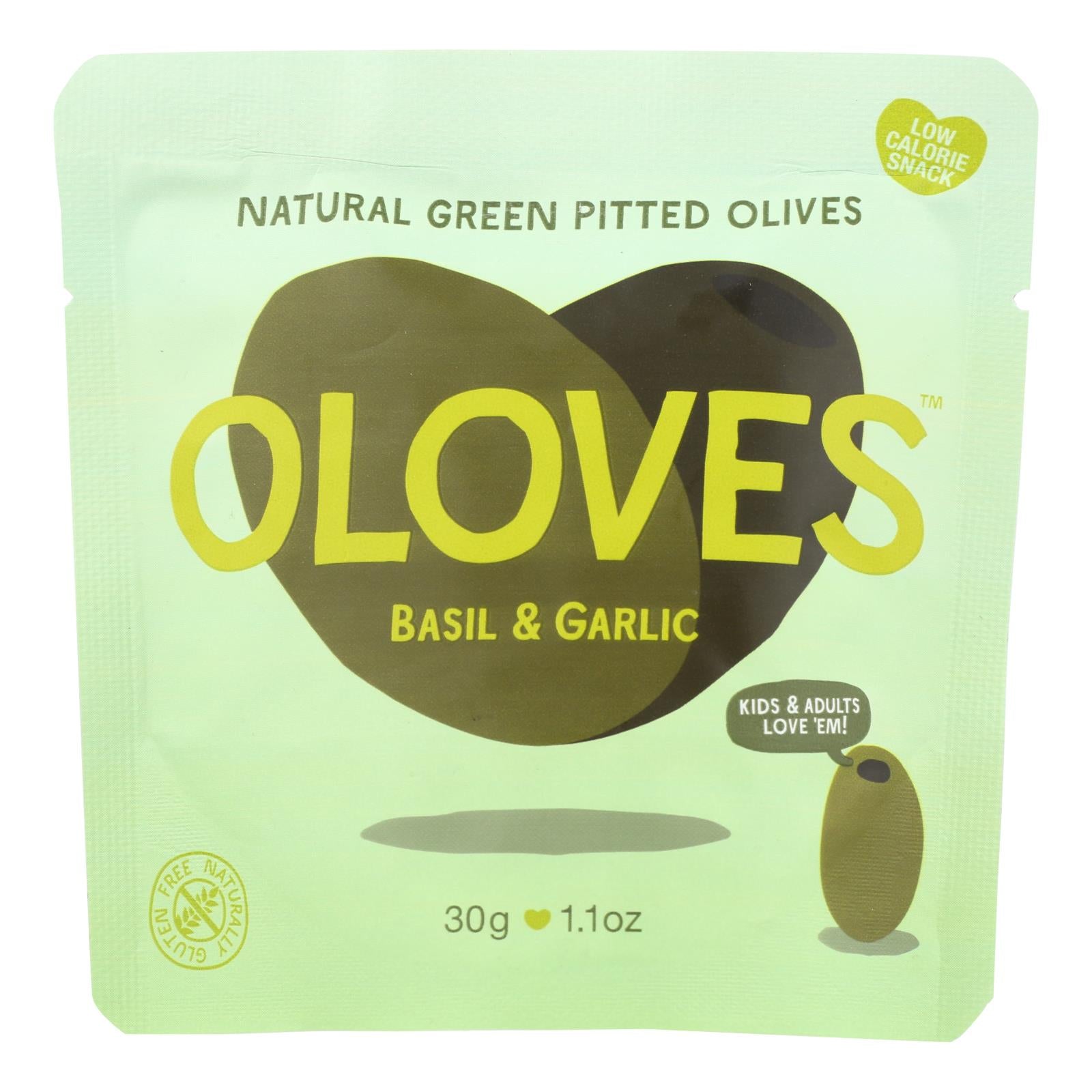 Oloves, Olives vertes dénoyautées Oloves - Basilic et ail - Carton de 10 - 1.1 oz (Pack de 10)