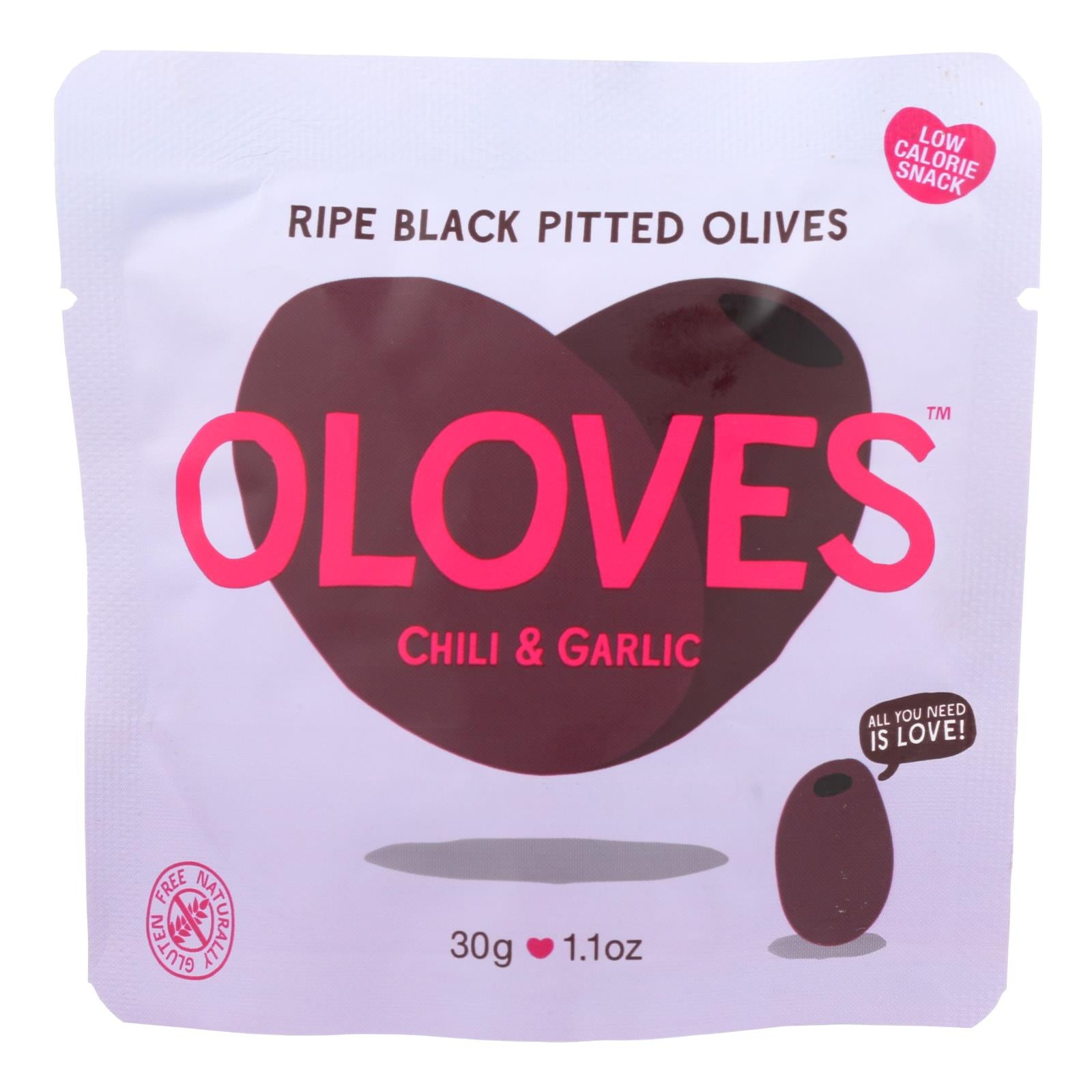 Oloves, Oloves Olives noires dénoyautées - Chili et ail - Carton de 10 - 1.1 oz (Pack de 10)