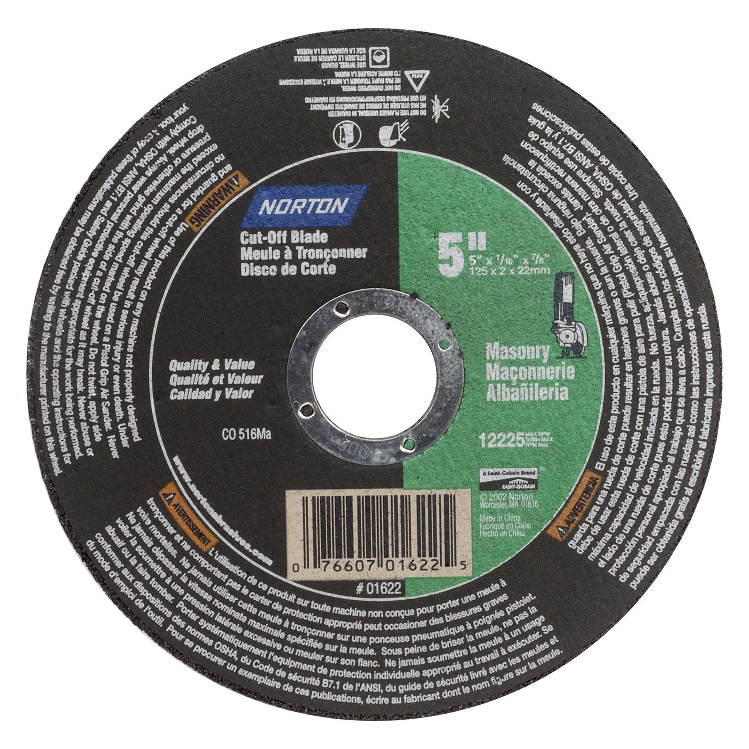 RUST-OLEUM CORPORATION, Roue à tronçonner Norton Masonry 5 in. D X 7/8 in. Disque à tronçonner en carbure de silicium 1 pc